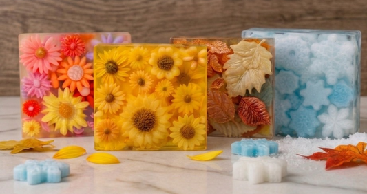 Three decorative translucent soap bars and matching flower-shaped pieces arranged on a light marble surface with scattered petals and leaves. The center bar is filled with yellow flowers, the left with pink and orange flowers, and the right with pale blue snowflake-like shapes and dried leaves.